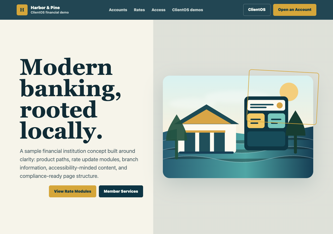 Desktop view of the Harbor and Pine financial institution website demo.