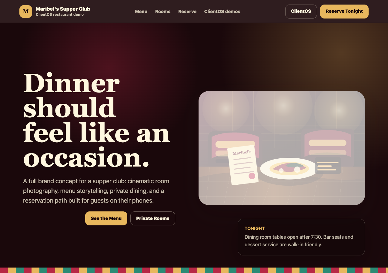 Desktop view of the Maribel's Supper Club website demo.
