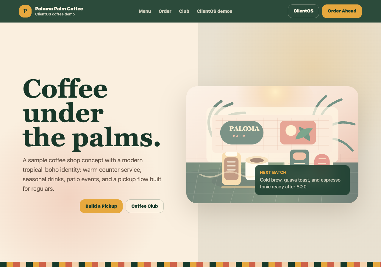 Desktop view of the Paloma Palm Coffee website demo.